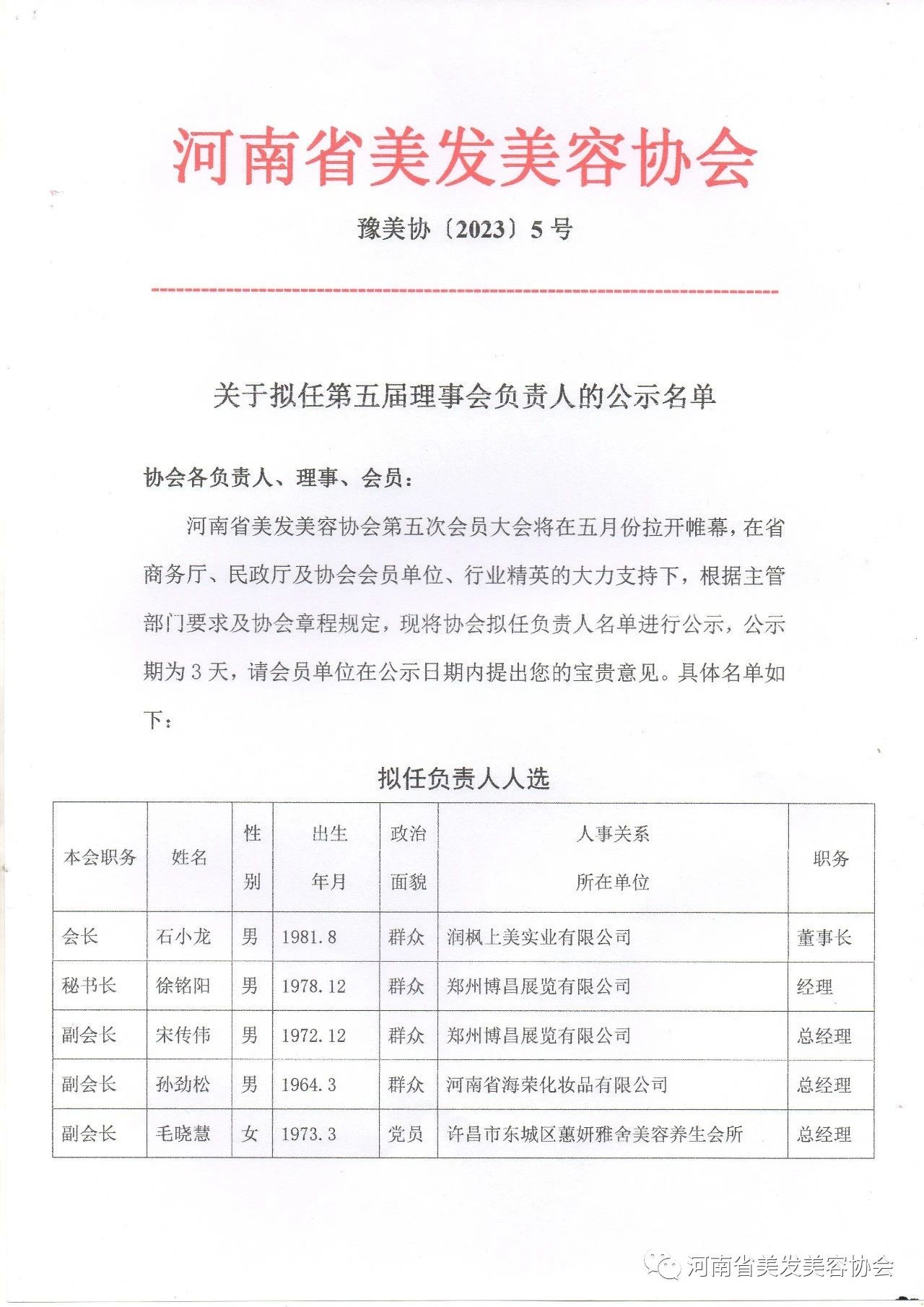 河南省美发美容协会第五届理事会拟任负责人名单公示名单及拟任会长简介